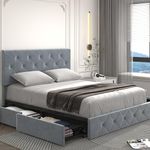 Wancla Queen Size Bed Frame Platform with 4 Storage Drawers, Adjustable Tufted Button Velvet Headboard, No Need for a Box Spring, Wood Slat Support, Easy to Assemble, in Dark Grey…