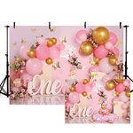 MEHOFOND 7x5ft Pastel Pink Girl 1st Birthday Background Banner Balloons Bird Cage Butterfly Flower Arched Background Plate Party Decor Baby Portrait Photography Props Photo Studio Gift Supplies