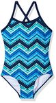 Kanu Surf Big Girls' Kirsten Chevron Beach Sport Banded 1-Piece Swimsuit, Blue, 12