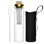 DEARRAY 1l / 1 litre Leakproof Glass Water Bottle with Straw & Stainless Steel Infuser 1000ml Glass Tea Infuser Bottle with Strainer and Neoprene Sleeve for Loose Leaf Tea, Cold Brew Coffee