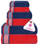 Casa Copenhagen, Germany Design - He & She Super Soft Collection 100% Cotton 6 Piece Towel Set, Includes 2 Bath Towels 2 Hand Towels 2 Washcloths - Red & Irish Blue