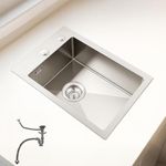 OUGOO Handmade 304 Stainless Steel Kitchen Sink, 35x50cm (Inner 30x40cm) Small Single Bowl Sink with Complete Drain Waste Kit (Trap Included), Top/Flush-Mount, 2 Tap Holes, Brushed