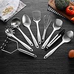 Rainberg 10-Piece Stainless Steel Kitchen Utensil Set Non-Stick, Heat Resistant Cooking Utensils Set and Holder, Tongs, Turner, Server, Ladle, Spoons, Whisk, Masher-Sleek Kitchen Tools Set