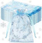 100 Pcs Christmas Snowflake Organza Gift Bags 4 x 6 Inch Small Mesh Jewelry Pouches Mini Drawstring Candy Bags Goody Bag Organza Favor Bags for Christmas, Winter Party, Jewelry, Festival (Light Blue)