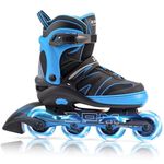 2PM SPORTS Girls Adjustable Inline Skates, Fun Roller Blades for Kids, Beginner Fun Illuminating Wheels Skates for Boys, Men and Ladies - Blue Medium