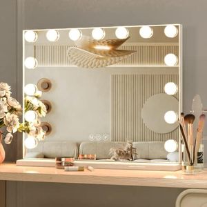 CASSILANDO Hollywood Vanity Mirror with Lights, Vanity Makeup Mirror with 15 LED Bulbs, Tabletop or Wall Mounted Mirror, 3 Color Lighting Modes, USB Port, Smart Touch Control