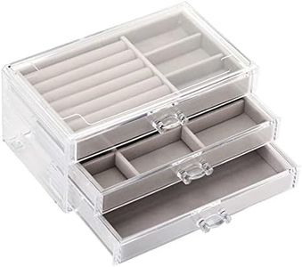 HORHEAR Acrylic Jewelry Organizer 3 Drawers Clear Jewelry Box with Flannel Lining Cosmetics Earrings Ring Bracelet Necklace Holder Accessories Storage Box (Grey)