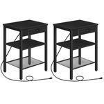 HOOBRO End Table Set of 2 with Charging Station and USB Ports, 3-Tier Nightstands with Adjustable Shelves, Narrow Side Table for Small Space in Living Room, Bedroom and Balcony, Black BB112BZP201