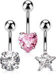 OUFER 14G 3pcs Belly Button Bars Pack Belly Piercing Jewellery Internally Threaded Stainless Steel Navel Rings Barbell Heart Round Star No Dangle for Women Men Jewelry Gift