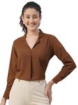 Chic Comfort Women's Cuffed Sleeves Cuban Collar Opaque Shirt Style Top Color(Coffee)