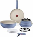 Tefal Ingenio Blue 11-Piece Non-Stick Cookware Set – Induction Frying Pans, Wok, Saucepans with Glass Lids, Detachable Handles, Oven Safe, Stackable, L829SB04