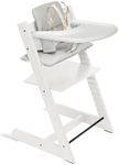 Stokke Tripp Trapp High Chair 2 (White), Cushion 2 (Nordic Grey) + Stokke Tray (White) - Includes Chair + Baby Set with Removable Harness for Children 6-36 Months