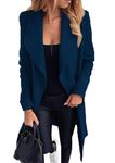 OMZIN Winter Lapel Collar Belted Peacoat for Women Oversized Long Sleeve Classic Wrap Open Front Jacket Navy Blue XS