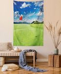 Ambesonne Sports Decor Collection, Golf Field with Flag in The Hole Clouds Sky Summertime Golfing Landscape Picture, Bedroom Living Room Dorm Wall Hanging Tapestry, Green Blue Red