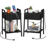 Small Night Stand Set 2, Black Nightstands for Bedrooms Set of 2 with Charging Station, Narrow Side Table with USB and Outlet for Small Spaces