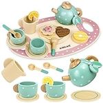 Airlab Wooden Tea Party Set for Girls Boys Pretend Play Kids Kitchen Accessories Food Toys with Teapots Cups Dessert Tray Toddlers Gift for 3 4 5 Years Old