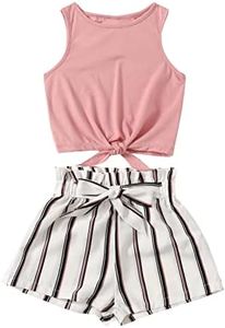 OYOANGLE Girl's 2 Piece Outfits Summer Tie Knot Tank Top and Paperbag Waist Striped Shorts Set White Pink Striped 7Y