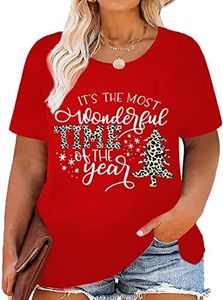 Plus Size Christmas Tops Women Merry Christmas Shirt Xmas Buffalo Plaid Tree T-Shirt Oversized Graphic Tee, Red, XX-Large
