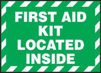 Accuform Signs LVHR560XVE Safety Label, Legend "First AID KIT Located Inside", 3.5" Length x 5" Width x 0.006" Thickness, Adhesive Dura-Vinyl, White on Green