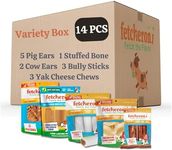 FETCHERONI Dog Treat Variety Box - Variety Box Consists of 5 Pig Ears, 3 Yak Cheese Chews, 3 Bully Sticks, 2 Cow Ears, and 1 Dog Bone - Long Last Dog Chew Treats - All Treats are 100% Natural