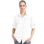 Alfiudad Women Safari Shirts Button Down Work Blouse UPF 50 Long Sleeve Sun Protection Outdoor Quick Dry Hiking Travel Casual Shirts White