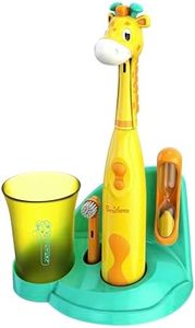 Brusheez® Kid's Electric Toothbrush Set - Soft Bristles, Easy-Press Power Button, Battery Operated, 2 Brush Heads, Animal Cover, Sand Timer, Rinse Cup and Storage Base - Ages 3+ (Jovie The Giraffe)