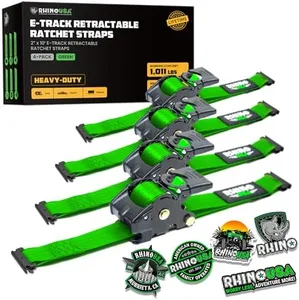 Rhino USA 2”x10’ Retractable E-Track Ratchet Straps: 3,033 Max Break Strength – Perfect for UTV’s, ATV’s and Other Cargo (Green - 4 Pack)