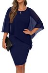 QIXING Womens Summer Casual Dress Loose Batwing Sleeve Crew Neck Chiffon Cape Elegant Midi Cocktail Pencil Dresses for Women UK for Funeral Party Wedding (Navy Blue, L)