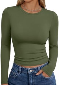 Trendy Queen Womens Long Sleeve Shirts Basic Crop Tops Tight Slim Fit Cute Teen Girls Fall Winter Y2k Clothes Army Green L