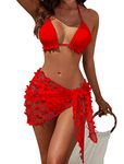 Blooming Jelly Women 3 Piece Swimsuit Triangle Halter Thong Bikini Set Butterfly Bathing Suits, red, L