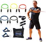 Bodylastics Resistance Band Set-Resistance Bands with Handles, Ankle Straps, Door Anchor, Carry Bag Heavy-Duty Stretch Exercise Bands-Patented Clips and Snap Reduction Tech (3-96LBS Set Assorted)