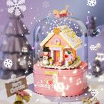 Pink Christmas Music Box Building Blocks Kits with LED Lights and Auto Snowfall, 8 Song Music Santa House Building Set Music Toy Compatible with Lego Christmas House Gifts for Girl Kids