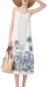 GOELIA Women's Tencel Linen Blend Maxi Dress Boho Dresses for Women Tropical Print Adjustable Straps Dresses V-Neck A-Line Beach Summer Vacation Dresses White