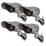 Yuarisx Solar Powered Dummy Fake Security Camera Bullet CCTV Surveillance with Simulated LED Realistic Red Flashing Light and Security Warning Sticker Decal Indoor Outdoor, 4 Pack