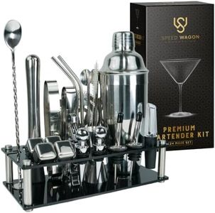 Mixology Bartender Kit – 24 Piece Silver Cocktail Shaker Set w/Stand – Essential Home Bar Accessories Martini Shaker, Jigger, Muddler, Chilling Cubes & More