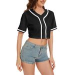 Outofgas Women's Baseball Jersey Button Down Crop Top Tee Solid Color Short Sleeve Softball Active Shirts, Black, XL