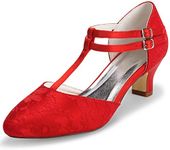 JIAJIA 00968 Women's Bridal Shoes Closed Toe T-Strap 1.9" Block Low Heel Lace Satin Pumps Wedding Shoes Colour Red,Size 5 B(M) US/35 EU