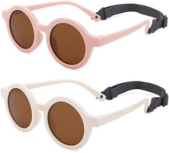 COASION Baby Polarized Round Sunglasses Flexible Rubber Shades with Strap for Toddler Newborn Infant Ages 0-24 Months, B2 Pink / Brown + White / Brown, Medium