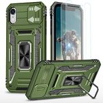 YmhxcY For iPhone XR Case With 2*PET Screen Protector, Slide Camera Cover,360° Rotate Metal Stand, For Apple iPhone XR 6.1“-Olive Green