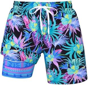 uideazone Mens 7 Inch Bathing Suit with Compression Liner Blue Tropical Leaves Graphic Swimming Trunks Quick Dry Swim Shorts for Surf Hawaiian Vaction L