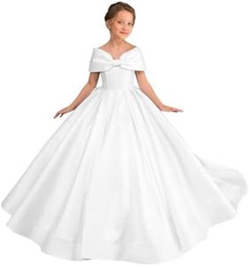 JISISANG Off Shoulder Flower Girl Dress for Teens Girls Wedding Guest Junior Bridesmaid Formal Communion Dress White Big Girl Floor Length Pageant Dress Prom Ball Gowns with Bow Knot Size 10