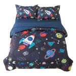 qjmiaofang Kids Outer Space Bedding Twin for Boys Space Comforter Set 5 Pieces Bed in A Bag Twin Size Rocket Comforter 3D Boys Galaxy Planets Bedding Set with Blue Sheets for All Season Home Decor