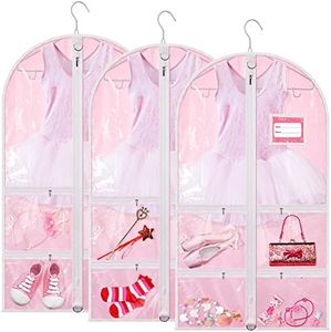 3 Pack Dance Garment Bag Pink Dance Costume Bags Kids Dress Bag with 4 Zipper Pockets 38 x 22 Inch Wardrobe Storage Bag Clear Window Garment Covers Recital Competition Bags for Dancer Girls Boys