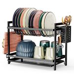 iSPECLE Dish Drying Rack for Kitchen Counter - 2 Tier Dish Rack with Drip Tray, Dish Drainer Sink Draining Board with Utensil & Cutting Board Holder for Kitchen Counter, Black