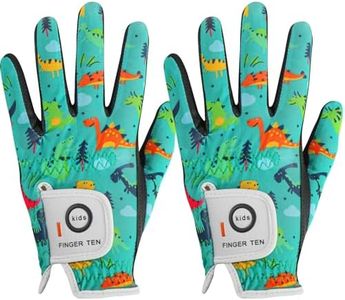 FINGER TEN Stylish Kids Golf Gloves 2 Pack for Left or Right Hand, All Weather Grip & Breathable Durable & Funny Design for Boys Girls Junior Youth Toddler (Cyan-Dinosaur, Small, Left)
