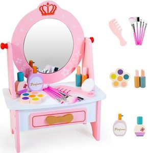 Wooden Vanity Set for Kids, Pretend Play Toddler Makeup Vanity with Acrylic Mirror, Beauty Salon Play Set for Little Girls Age 3+, Toys Gifts Includes Makeup Accessories and Bonus Stickers