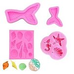 4 Pack Mermaid Silicone Moulds Seashell Mermaid Tail Fondant Molds Seahorse Starfish Cake Chocolate Candy Molds for Mermaid Theme Party