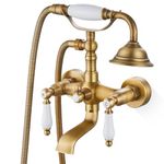 Airuida Antique Brass Wall Mount Only Bathroom Faucet Wall Mounted Tub Shower Faucet with Ceramic Handheld Shower Sprayer Double Ceramic Lever Handles Hot and Cold Water Mixer Tap Vintage Style