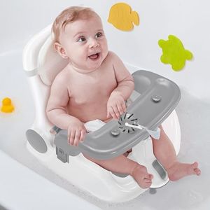 Obee Odee Baby Bath Seat with Sitting & Lying 2 Modes, 3-Speed Adjustment, Powerful Suction Cups, Infant Bathtub Chair with Washable Pillow, Folding and Hanging(Light Grey)