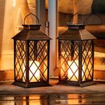 Homemory Solar Lanterns Outdoor Waterproof Hanging with Flickering Flameless Candles, 2 Pack 13'' Garden Outdoor Lantern Decorative for Patio Front Porch Backyard Balcony Cabin Outside(Antique Copper)